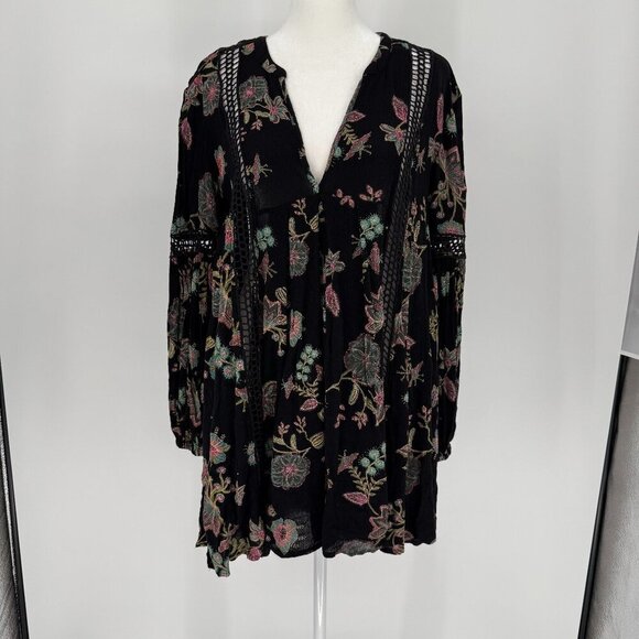 Free People Women's Just The Two Of Us Tunic Black Floral Long Sleeve Size Small - Picture 1 of 12